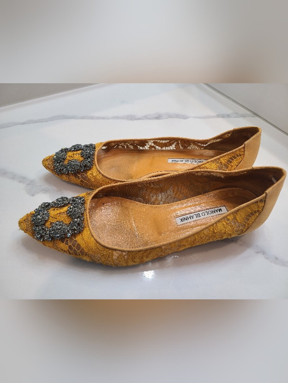 Manolo Blahnik Mustard Lace Embellished Flats